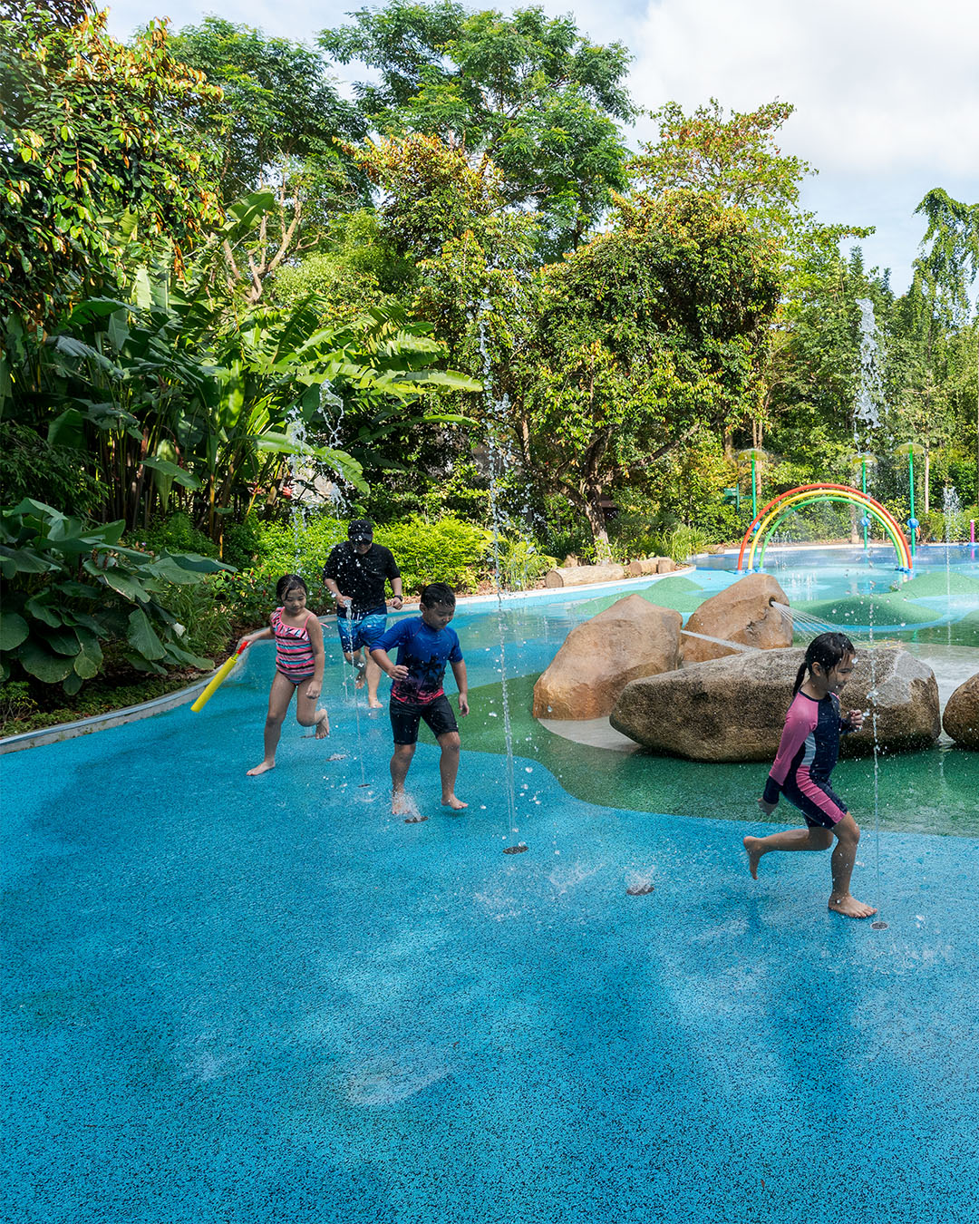 Vortex International water equipment at Jacob Ballas Children's Garden, spouting gentle jets for interactive play.