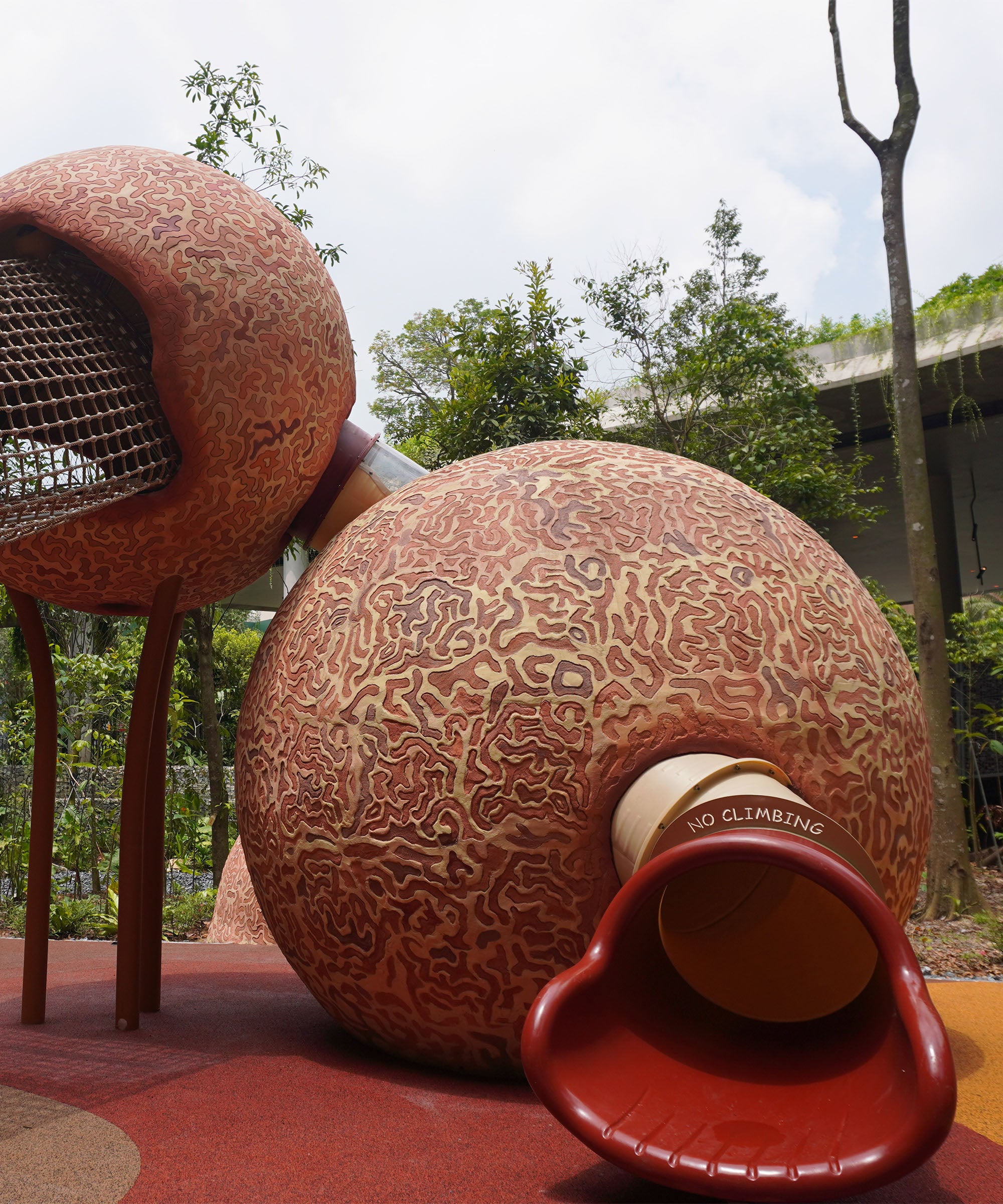 Mandai Rainforest Resort playground is designed like a cannonball fruit tree with elements to climb, crawl, and slide.