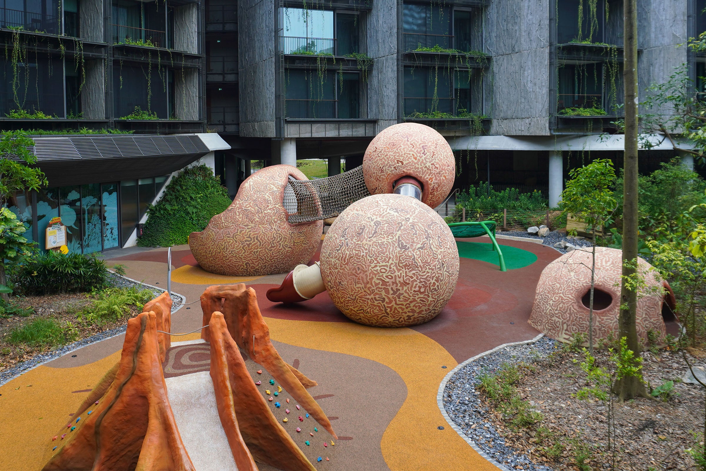 Mandai Rainforest Resort playground equipment shaped like Cannonball fruit and Buttress tree root for nature play.