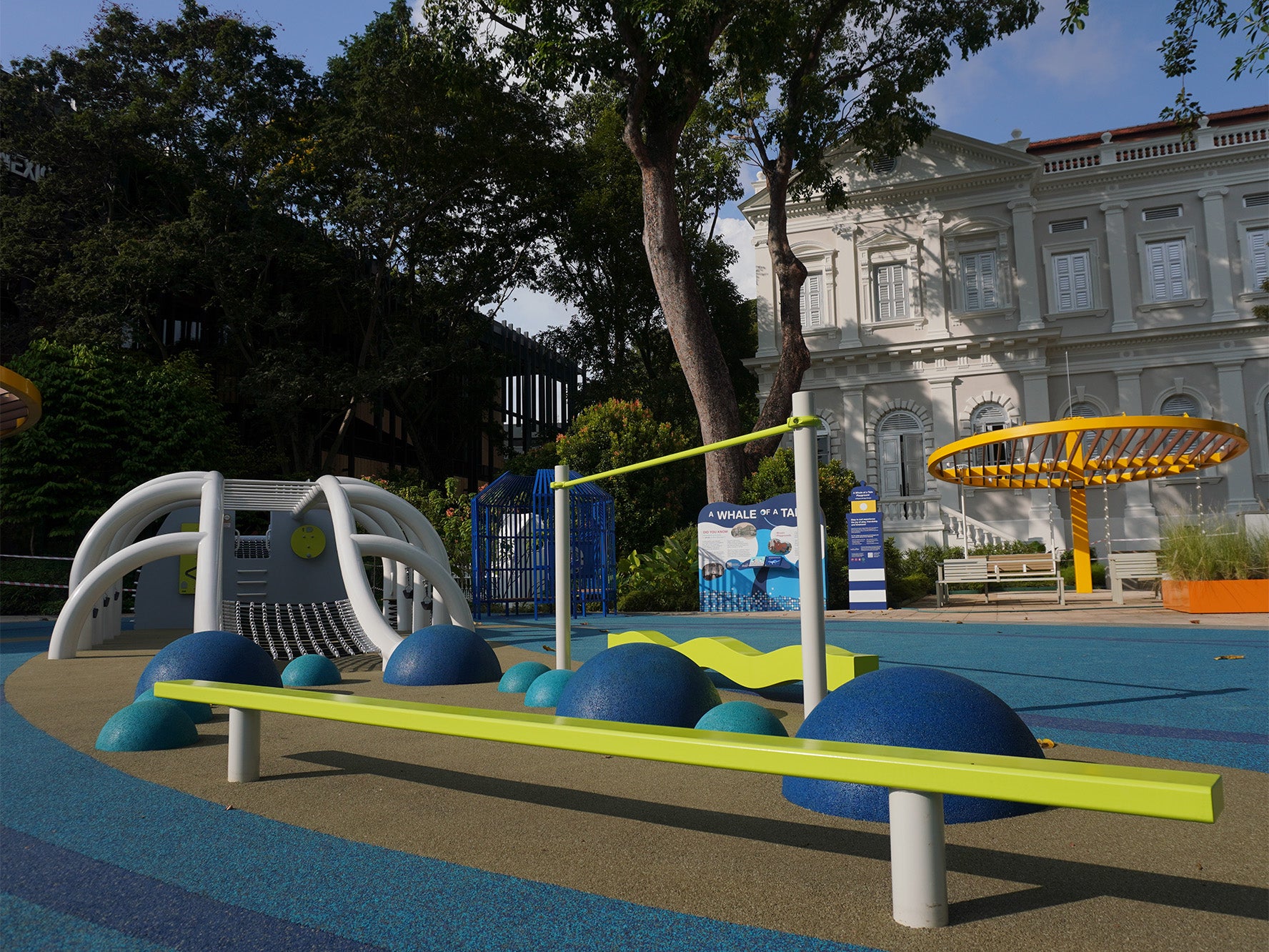 The body structure of the Whale of a Tale playground at the National Museum features play mounds and a balancing beam.
