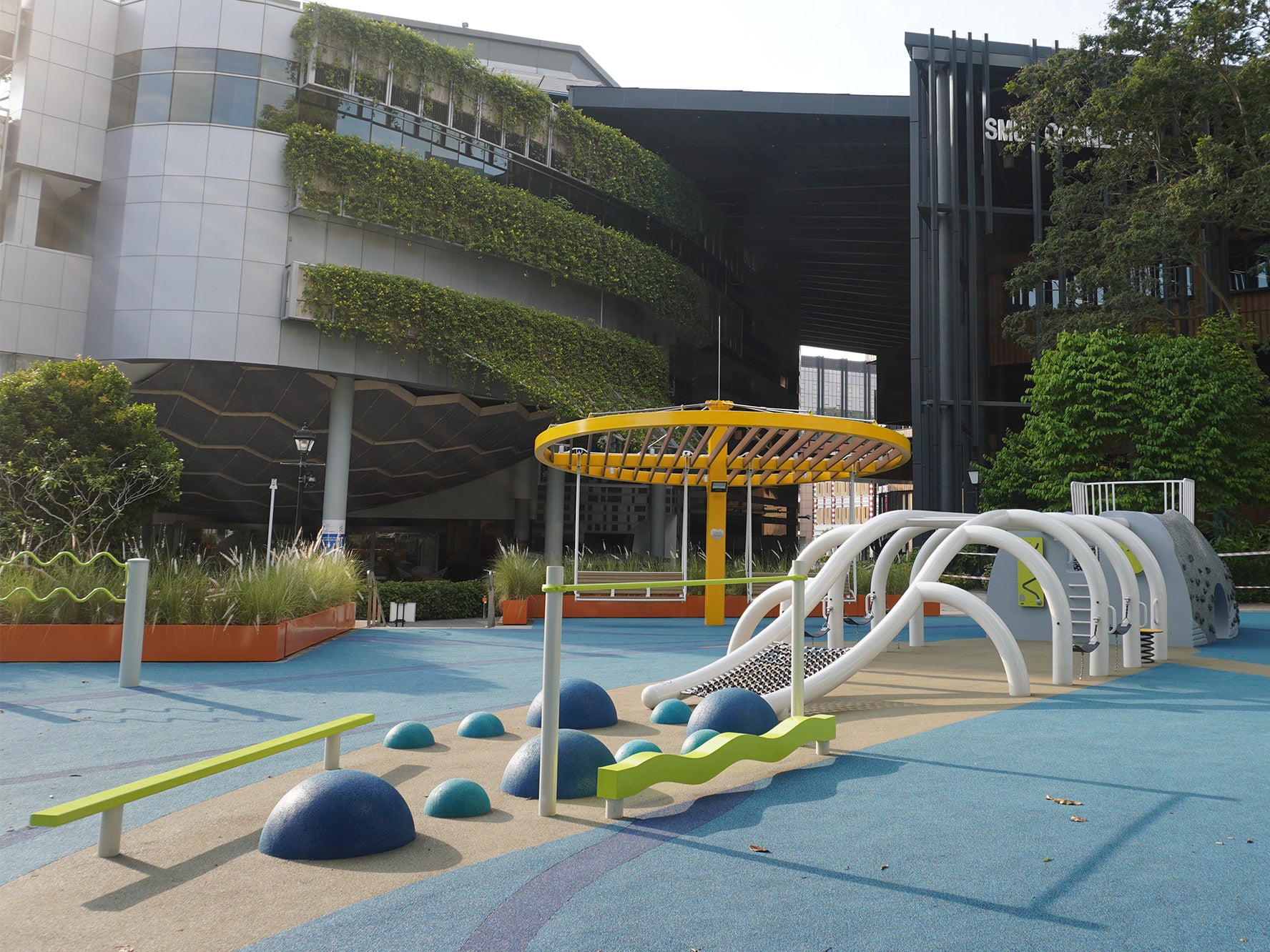 The body structure of the Whale of a Tale playground at the National Museum features play mounds and a balancing beam.