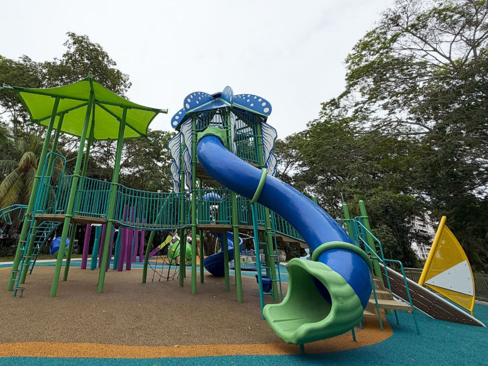 Sea Shell Park Miracle Mega Tower features two upper decks with safe slides for fun, adventurous children's play.
