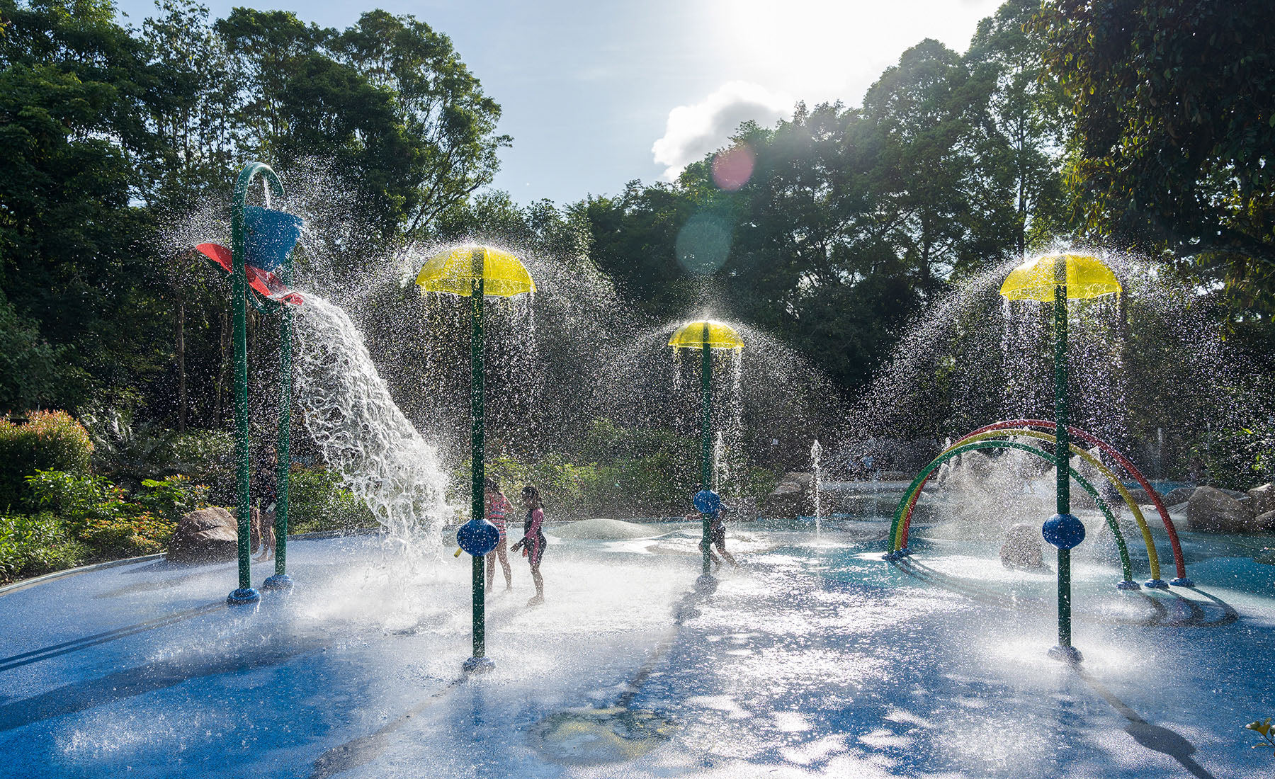 Jacob Ballas Children's Garden features Vortex International water play equipment, offering refreshing fun for kids.