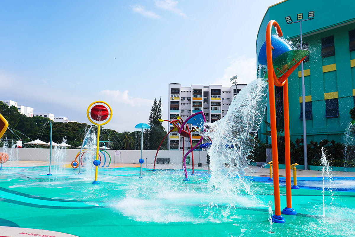 The top Singapore water playground supplier features Jurong East Swimming Complex’s interactive splash pad equipment.