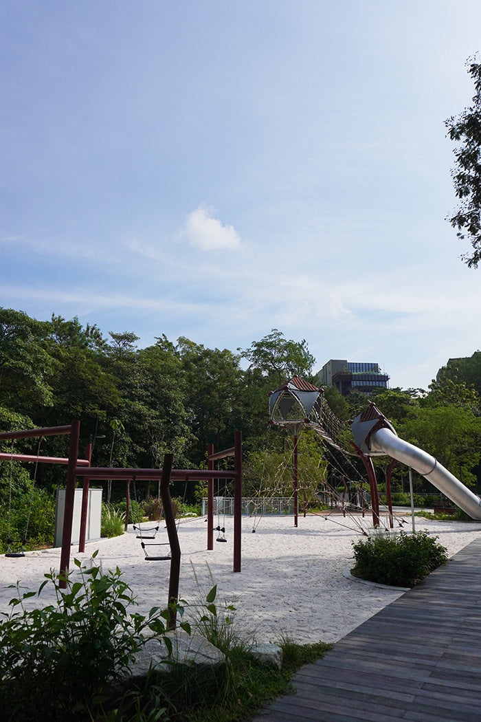 Jurong Eco-Garden playground features swings, slides, and rope structures, offering safe and fun play for children.