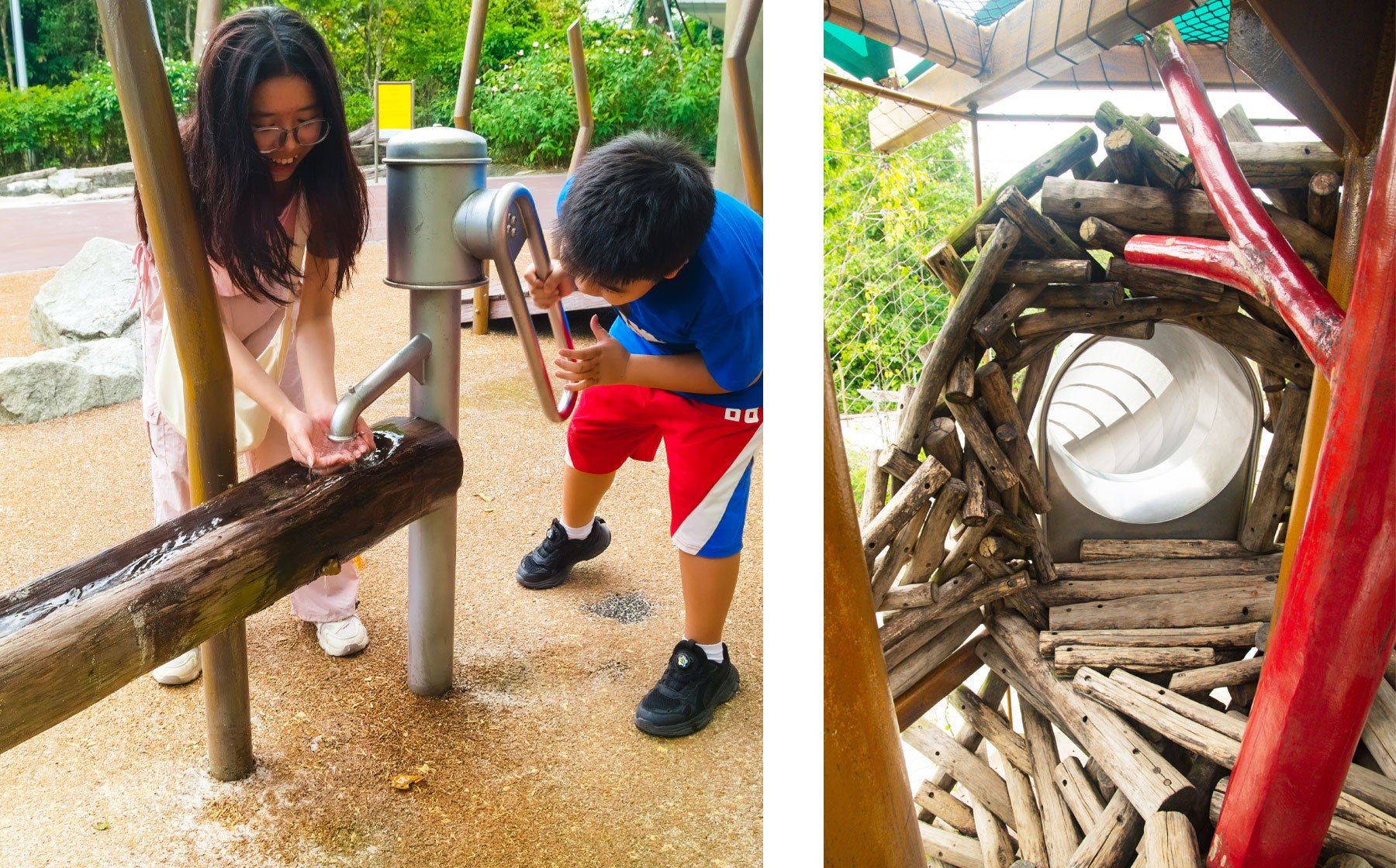 Otter Play zone features log climbing and water play, where kids pump water into wooden channels learning as they play.