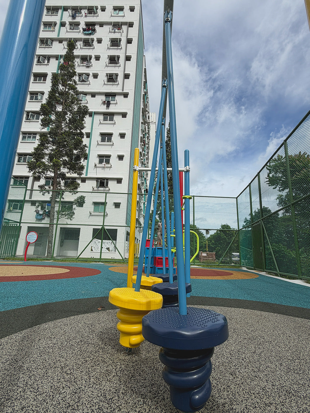 Jurong Primary School playground features sturdy steppers for students to develop hand-eye coordination safely.