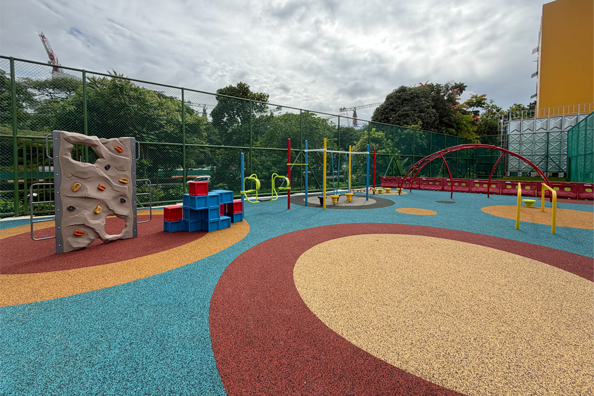Jurong Primary School playground offers a range of equipment that safely develops students' strength and coordination.