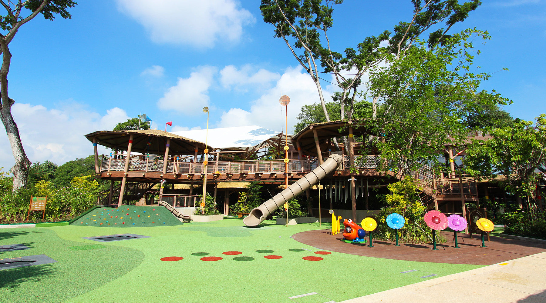 Mandai Kidzworld playground features animal-themed equipment promoting sensory play and refreshing water play fun.