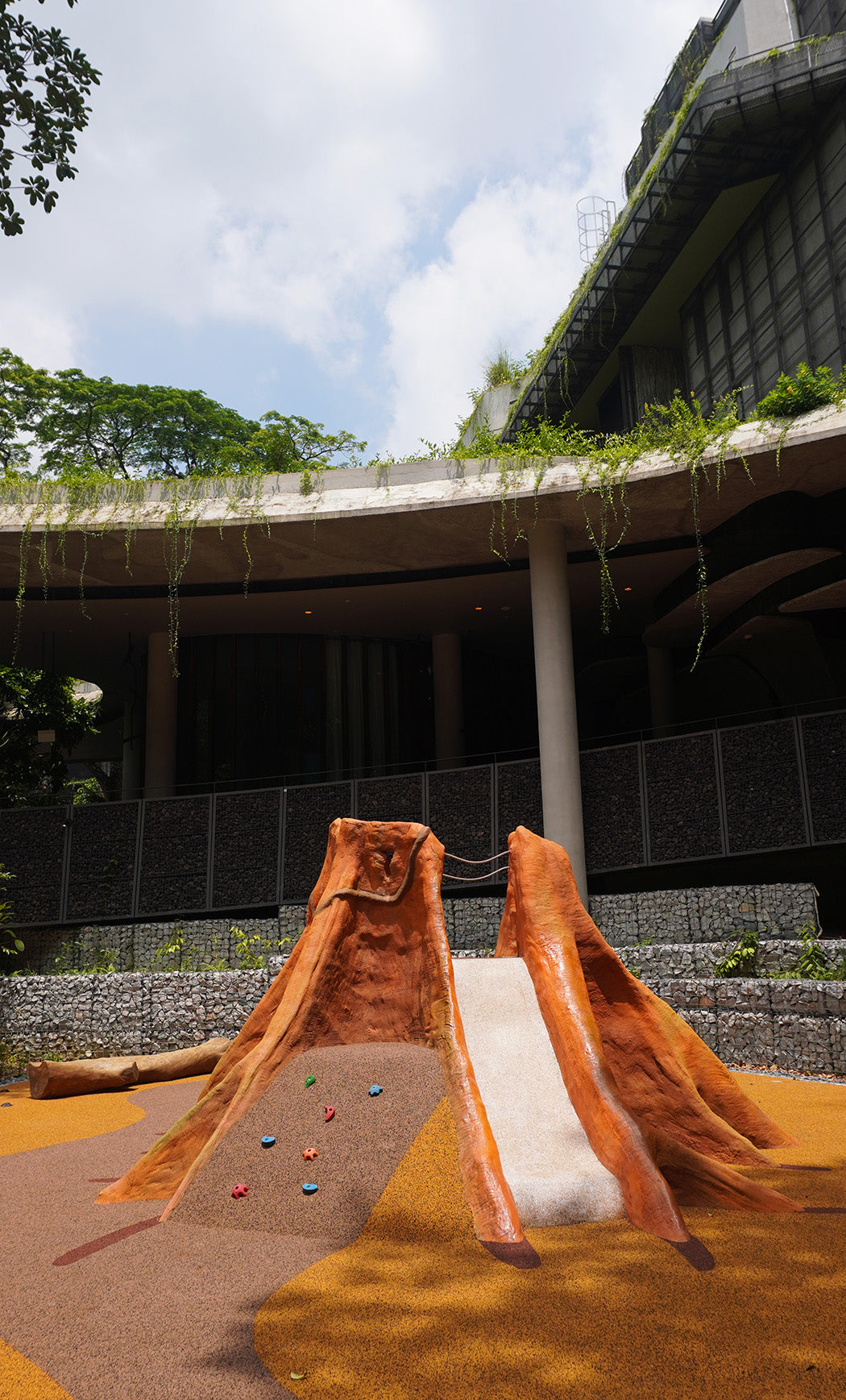 Mandai Rainforest Resort features Buttress tree-inspired playground equipment for adventurous climbing and sliding fun.