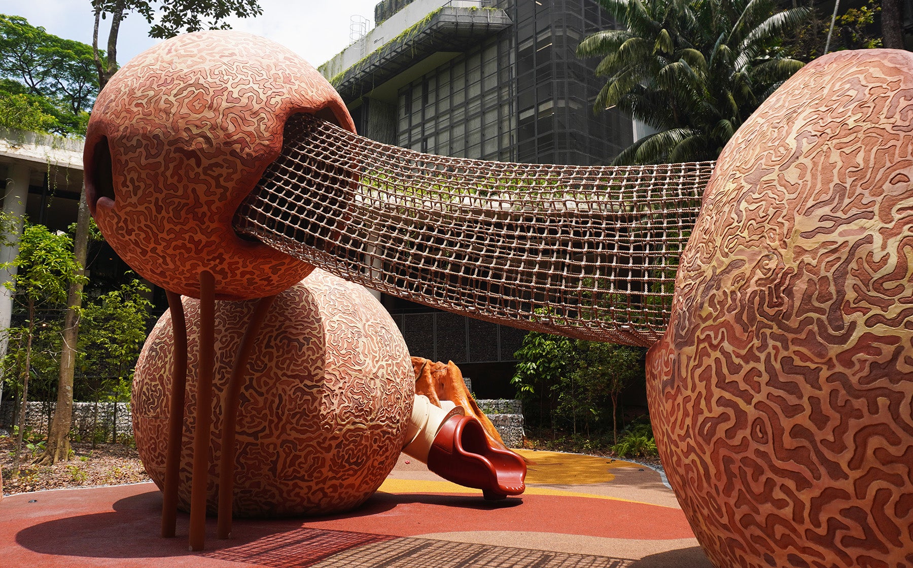Mandai Rainforest Resort playground is designed like a cannonball fruit tree with elements to climb, crawl, and slide.
