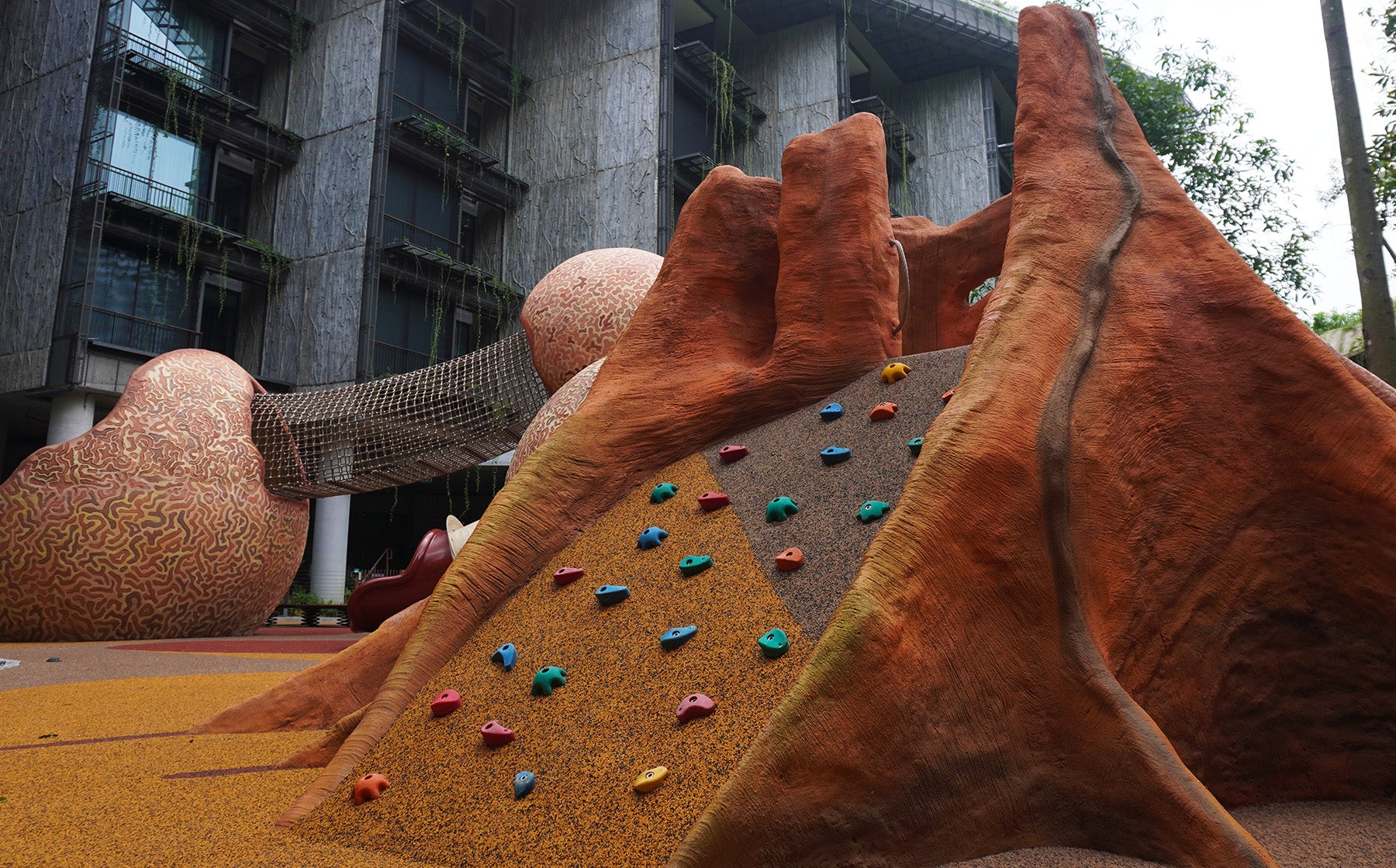 Mandai Rainforest Resort playground is designed like a cannonball fruit tree with elements to climb, crawl, and slide.