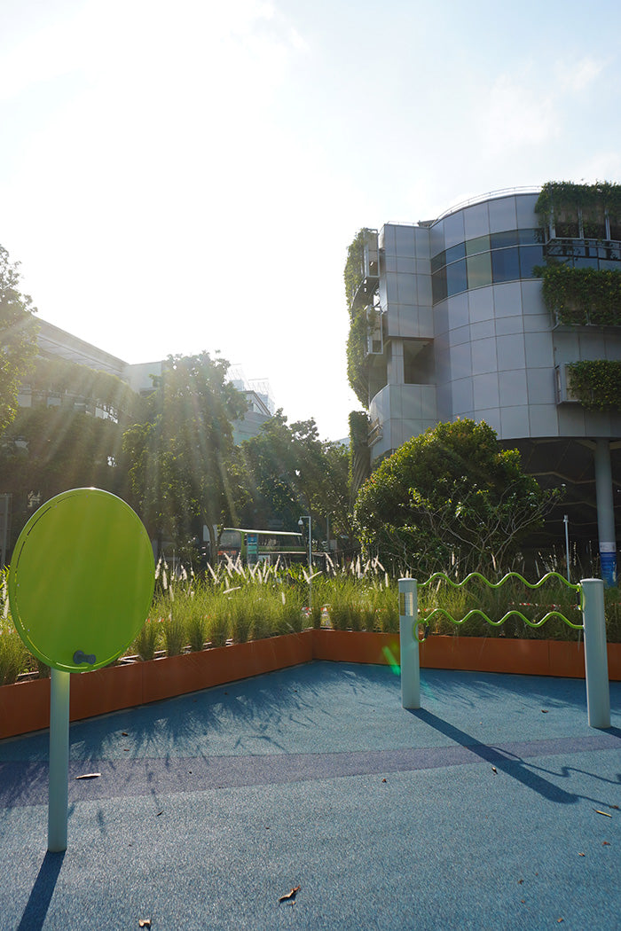 A Whale of a Tale playground at the National Museum of Singapore features Interplay fitness equipment for mobility.