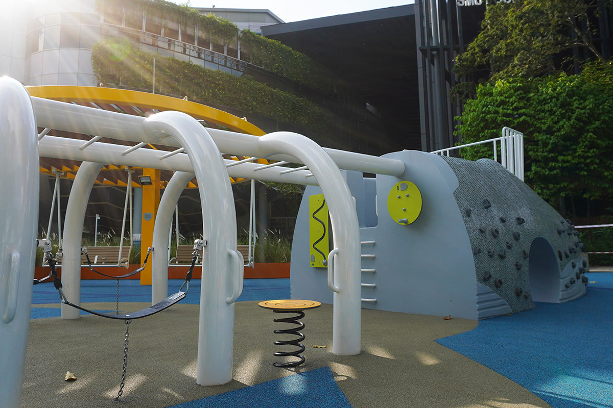 The whale playground’s skeletal body includes swing seats, a spring seat, and a cargo net for exciting play adventures.