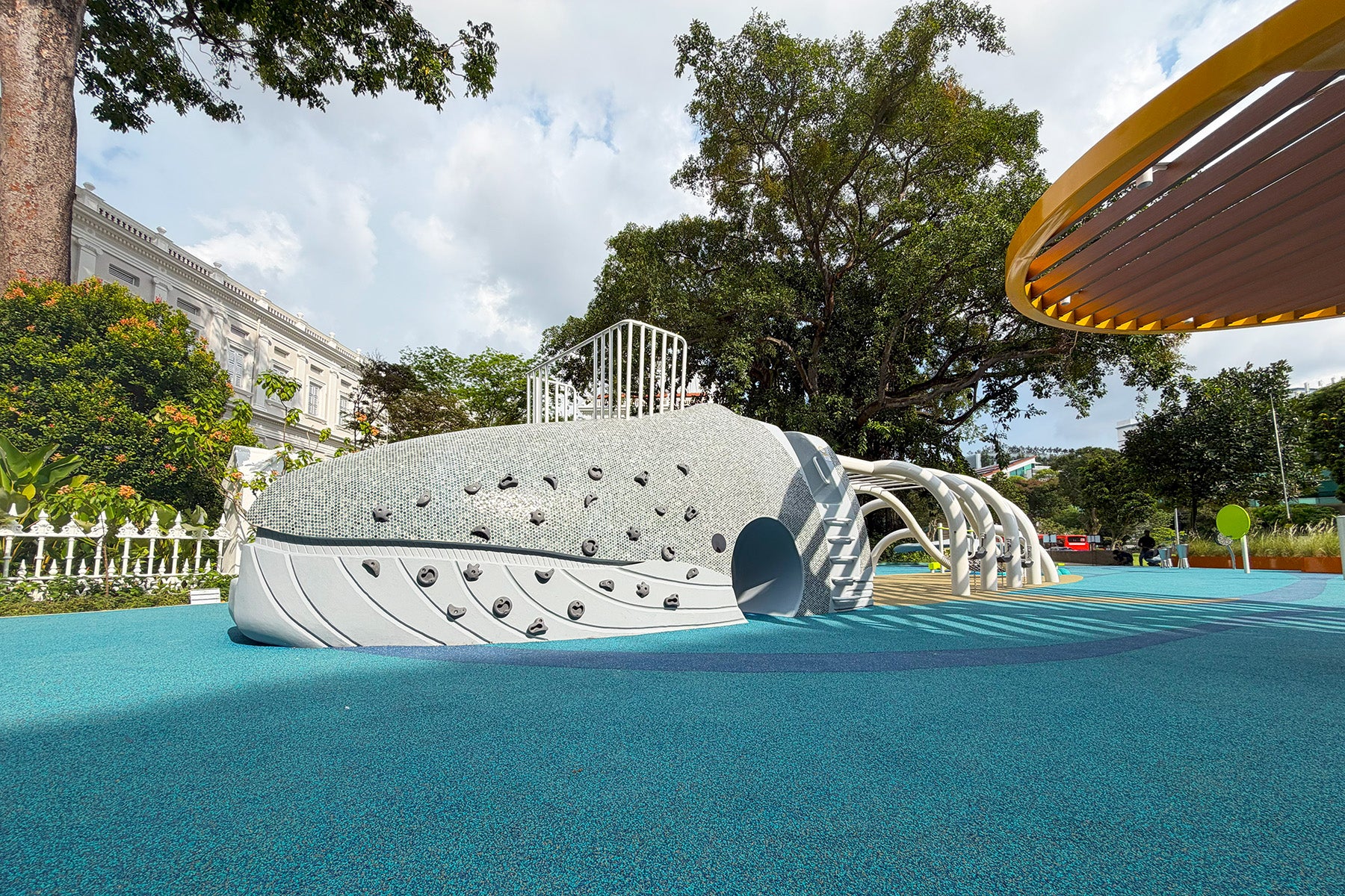 A Whale of a Tale playground at the National Museum of Singapore features a blue whale-shaped customised playground.