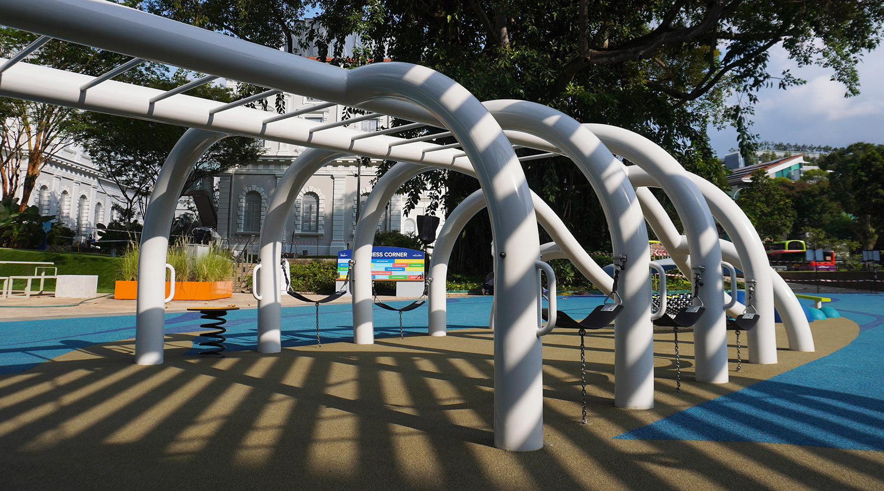 The whale playground’s skeletal body includes swing seats, a spring seat, and a cargo net for exciting play adventures.