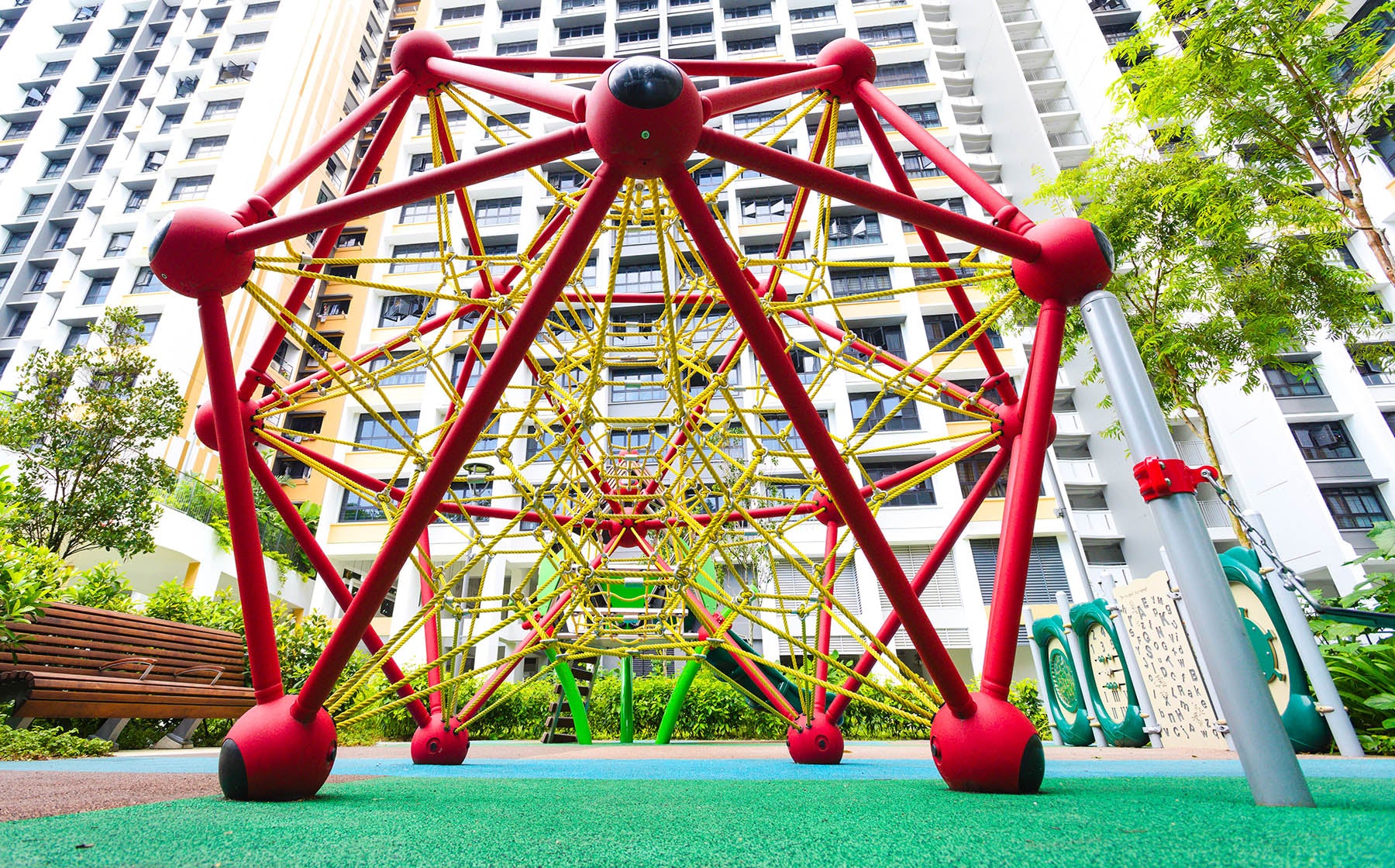 Playworld Spaceball provides climbing, promoting psychomotor skills, problem-solving, and social interaction.