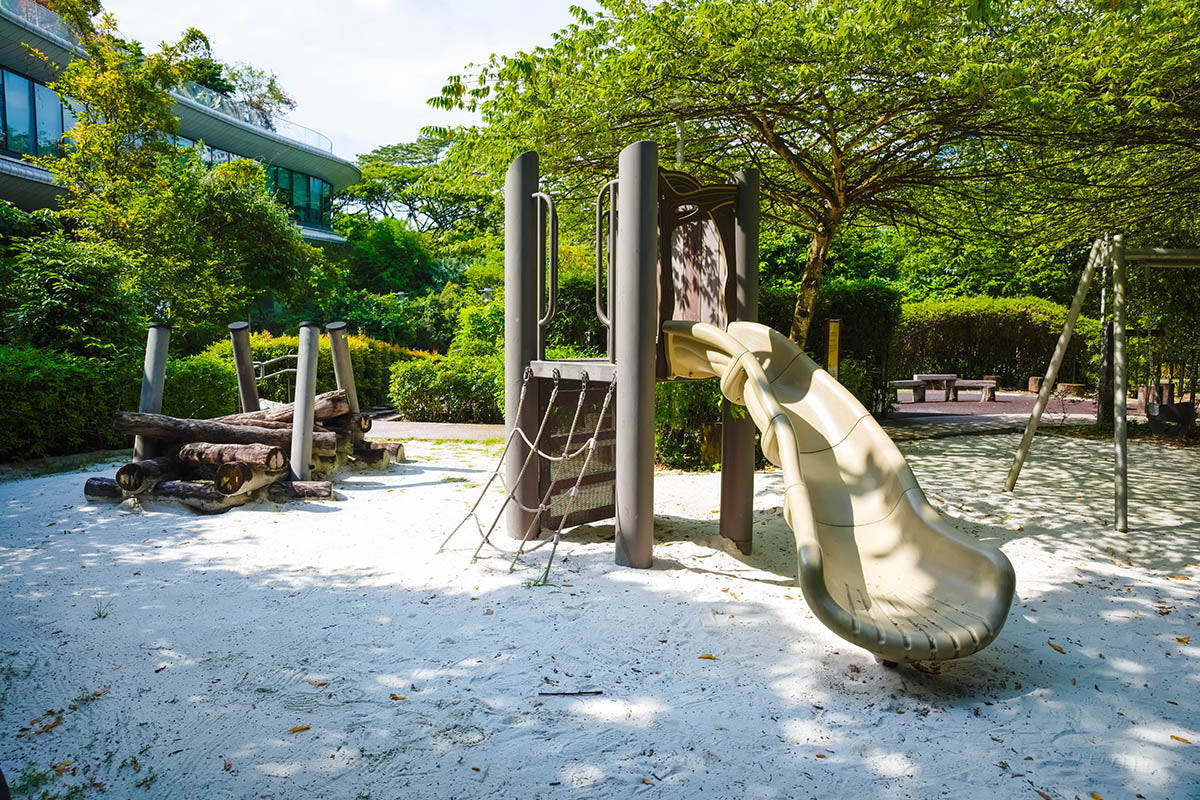Wobble Bridge challenges children's balance skills, complemented by a playground set with a rope climb and slide.