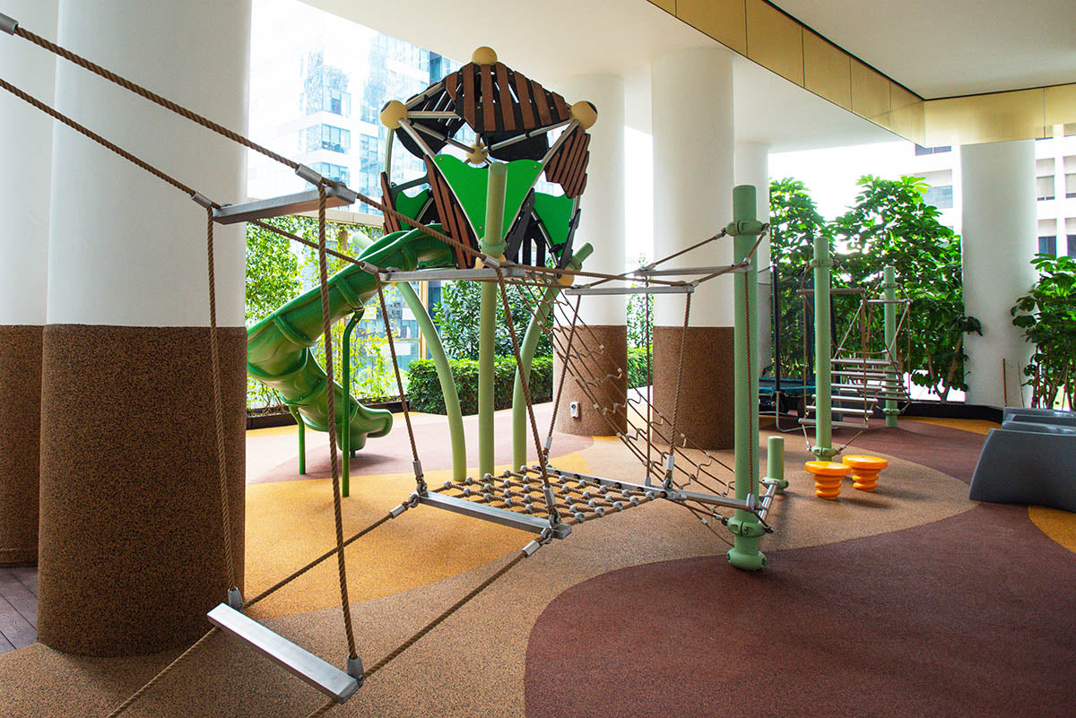 One Shenton playground featuring Berliner equipment with rope play, hopping, and a Greenville play set for active fun.