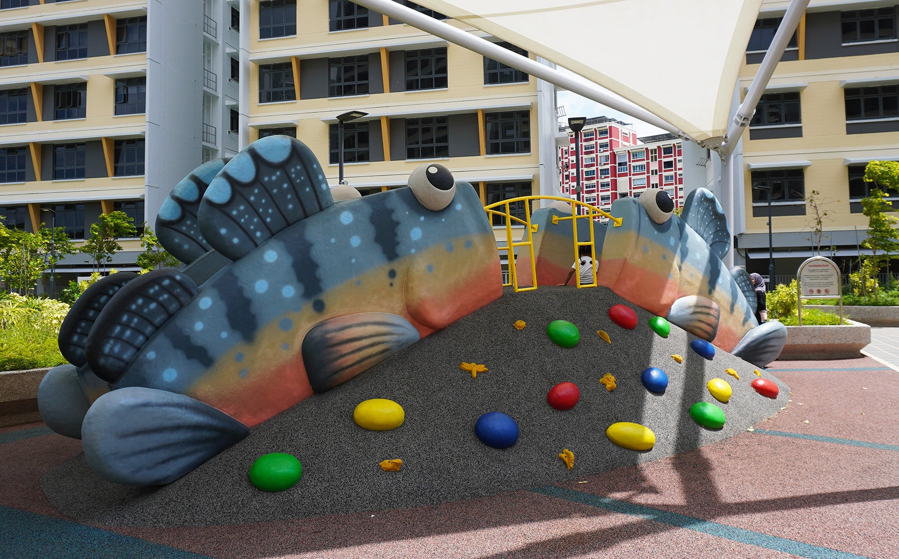 Mudskipper-themed play structure with sloped rock climbing steps, guardrails and elevated play hill installation.
