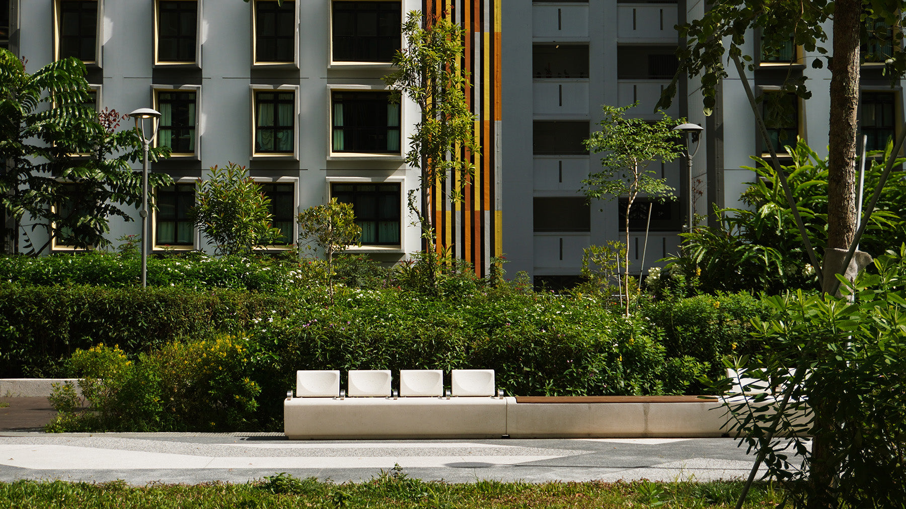 Tampines GreenGem outdoor Bellitalia lounge bench combines art and functionality, providing stylish and comfort seating.