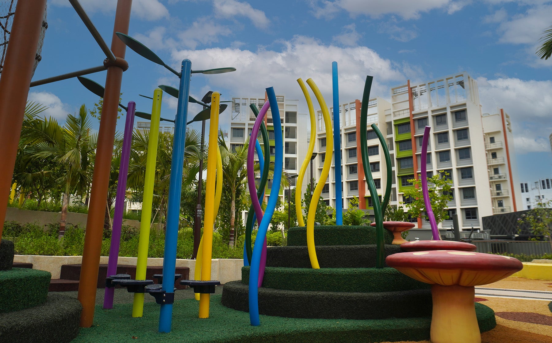 Parc Point playground features colourful play poles, toadstool steppers and mounds that inspire imaginative play.