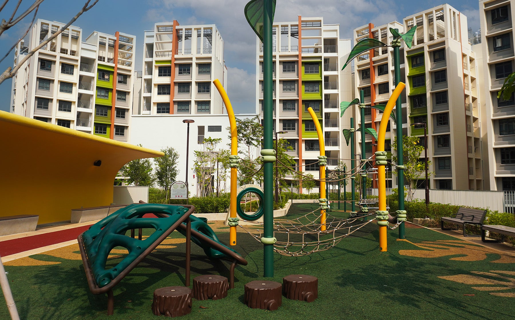 Parc Residences @ Tengah features a rope obstacle course with climbing challenges and tree stump stepping pods.