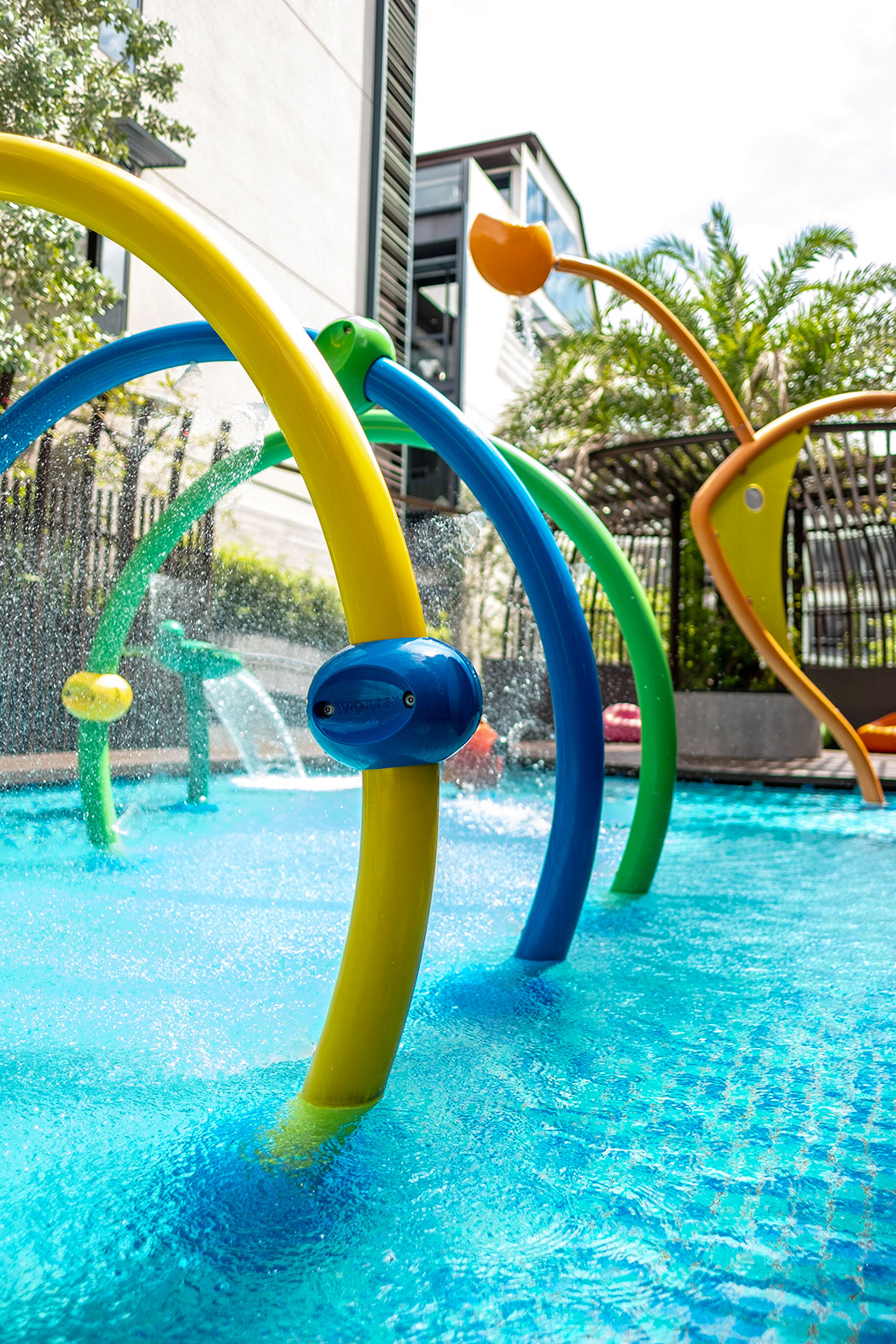 Vortex International playground equipment with interactive features, offers children a fun and refreshing play experience.