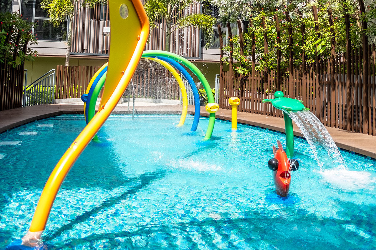 Vortex International water playground features attractive equipments, encouraging children to play and explore.