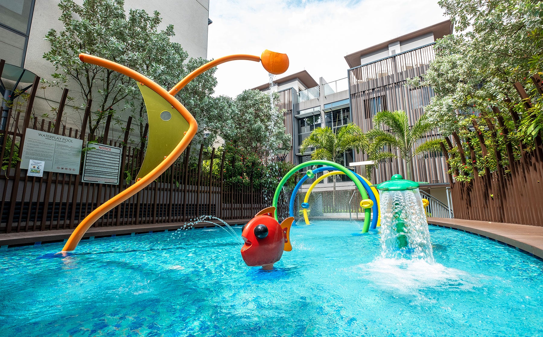 Vortex International water playground with fountains and splash features that provides water play for children.