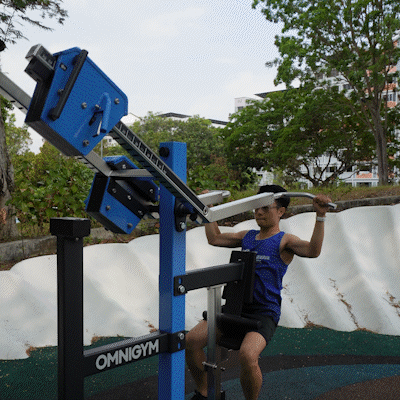 Omnigym lateral pulldown machine with adjustable weights for upper back training and improved pulling strength.