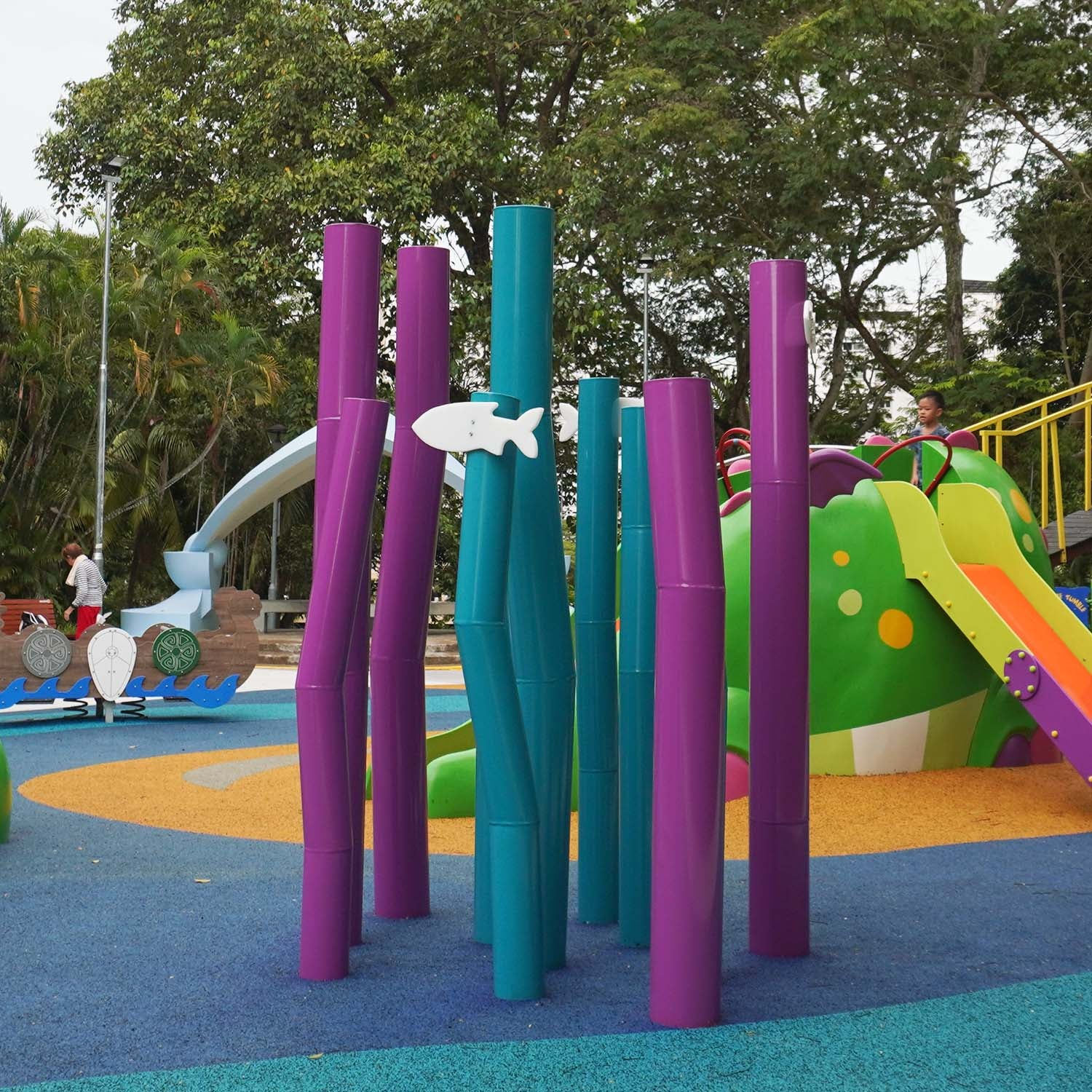 Sea Shell Park playground features anemone-themed play poles where children can pretend to be a fish in the reef.