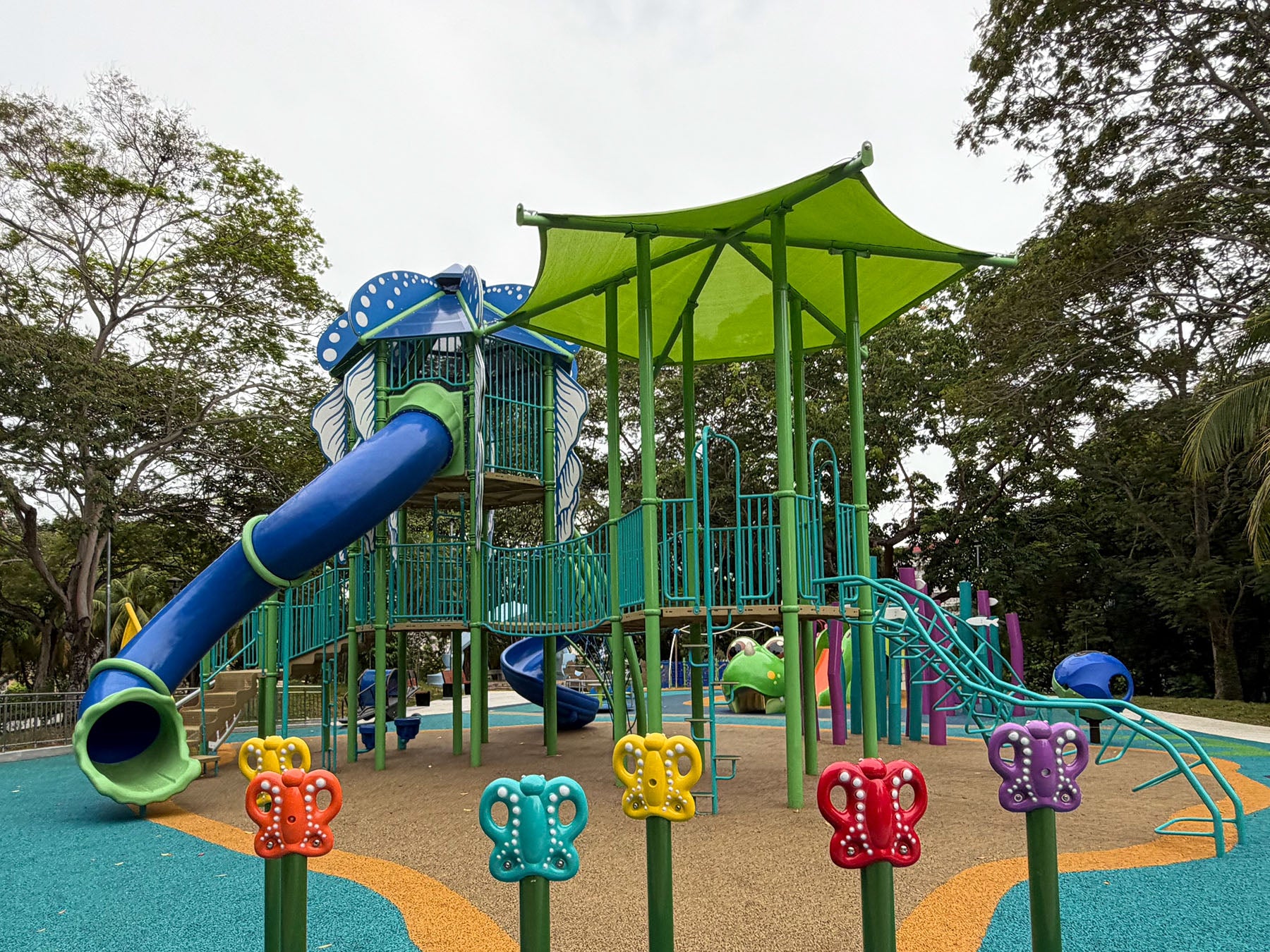 Sea Shell Park playground features a mega playtower, spiral slides, and a sea dragon playground installation.