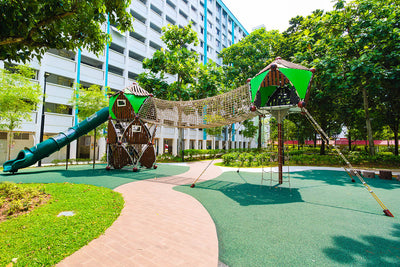 Berliner playground at Yishun Avenue 6 features a sturdy rope ladder, tunnel bridge, and an exciting tunnel slide.