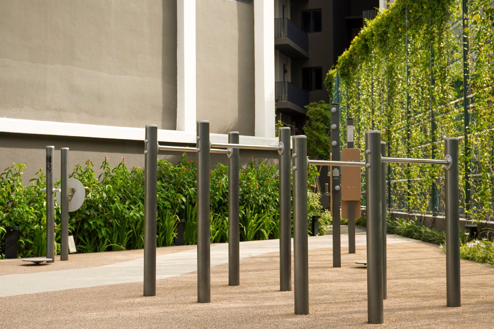 An exercise corner for the elderly, featuring equipment designed to promote fitness and mobility in a safe, accessible space.