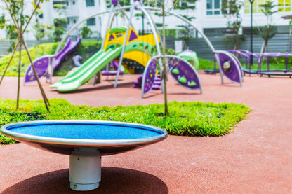 Playworld swirl saucer features a spinning element, designed for children to enjoy dynamic and engaging play.