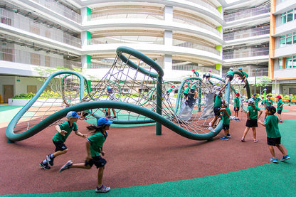 An unusually sized and shaped climbing net makes climbing challenging, sparking interest and excitement for children.