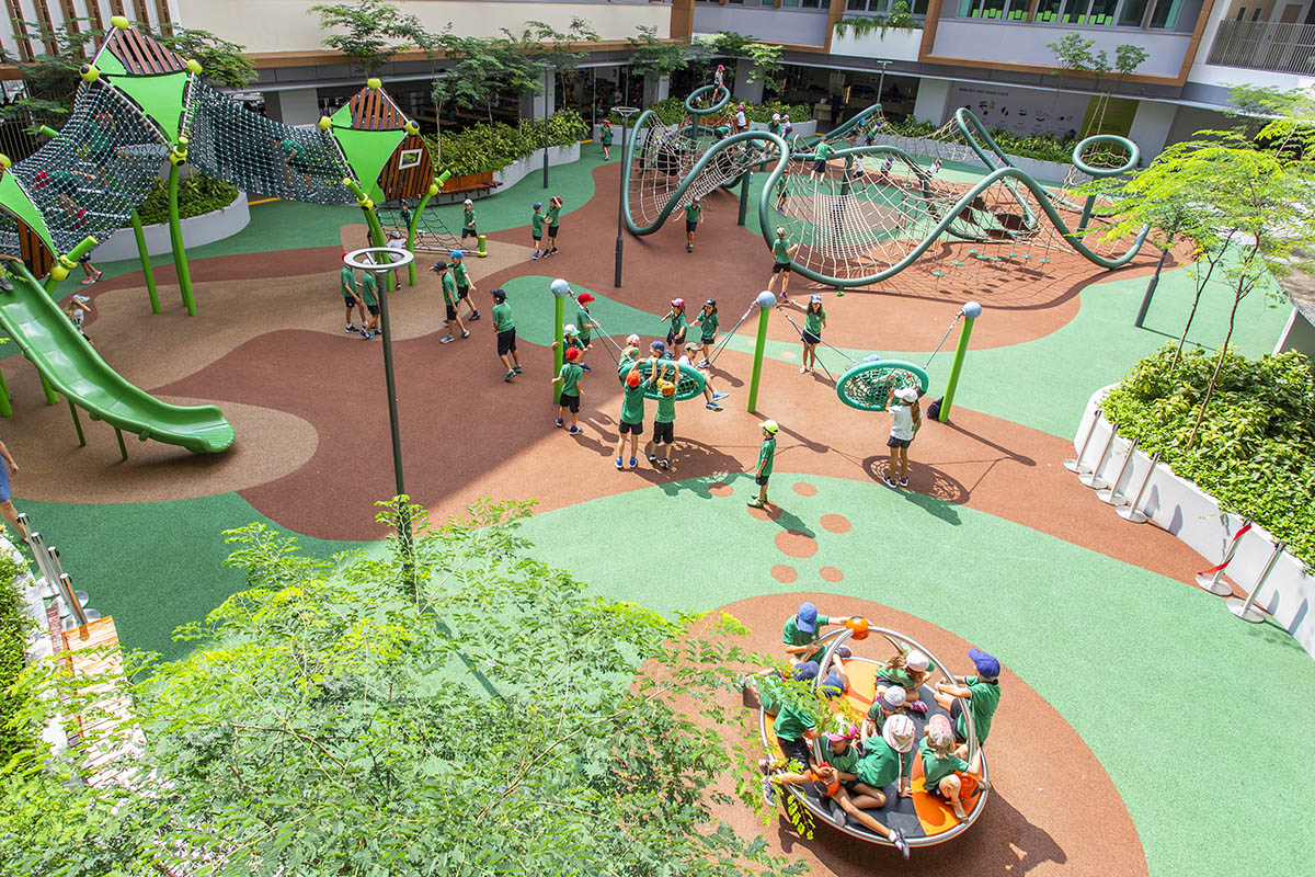 A school playground with areas for swings, slides, and climbing, offering children a fun space to explore and enjoy outdoor activities.