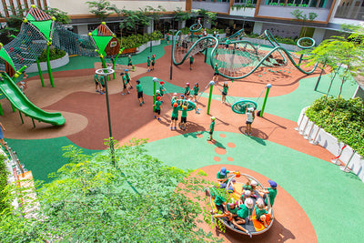 A school playground with areas for swings, slides, and climbing, offering children a fun space to explore and enjoy outdoor activities.