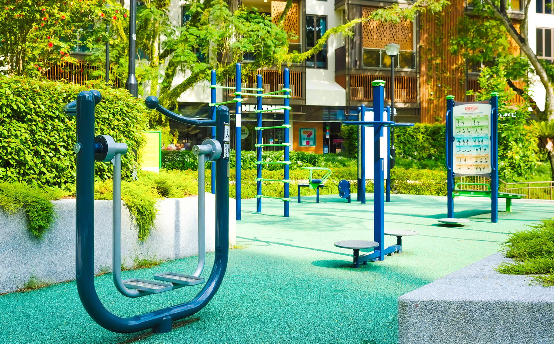 A fitness corner equipped with various tools, encouraging people to stay active and enhance their fitness.