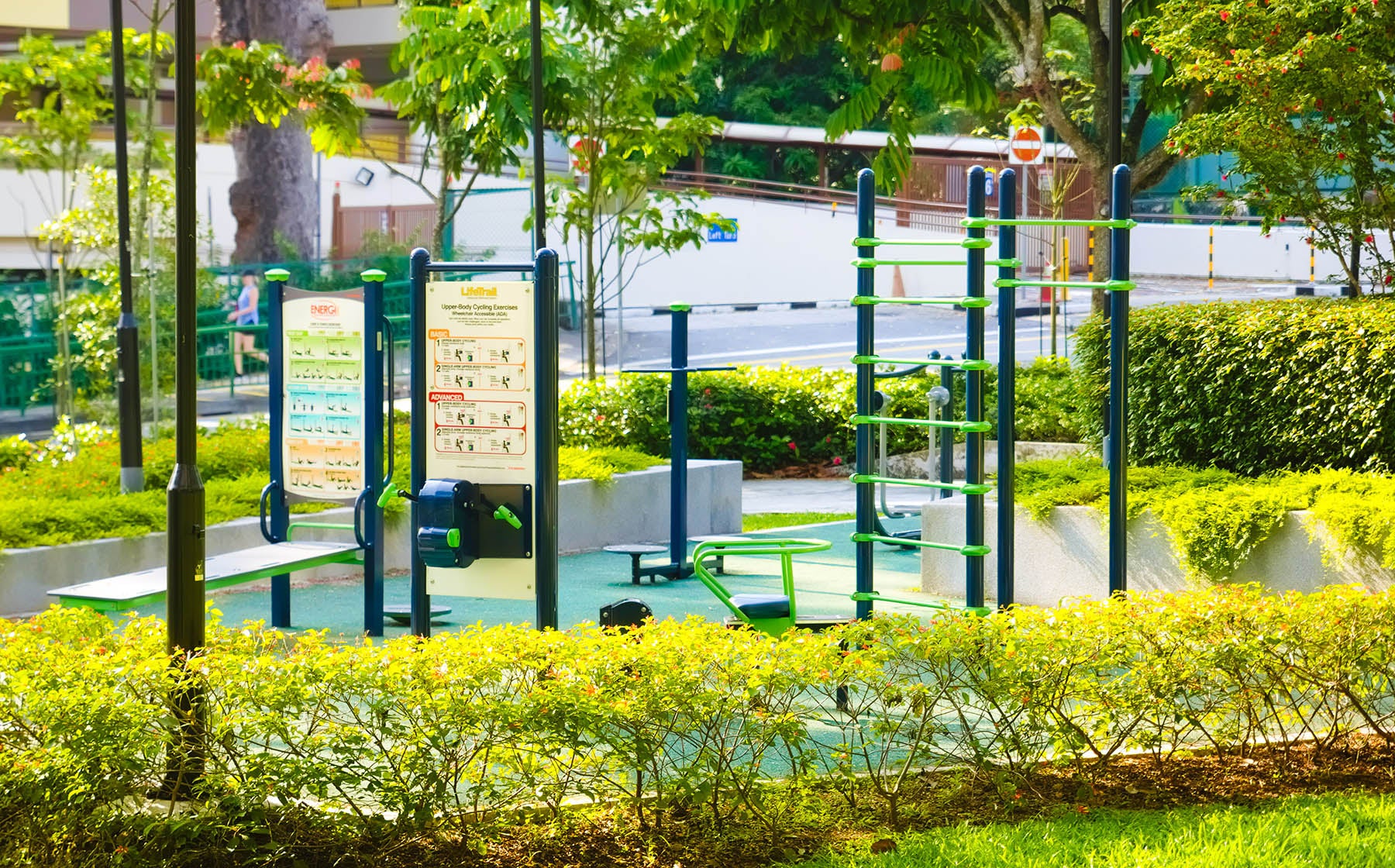 A fitness corner featuring various exercise equipment, designed for people to stay active and improve their fitness levels.
