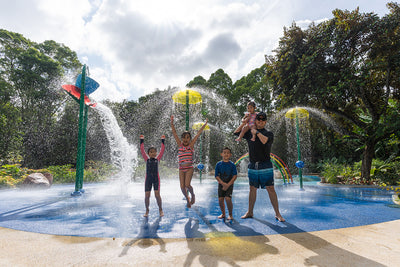 Jacob Ballas Children's Garden features Vortex International water play equipment, offering refreshing fun for kids.