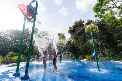 Jacob Ballas Children's Garden features a giant tipping water bucket, creating an exciting cascade for water play.