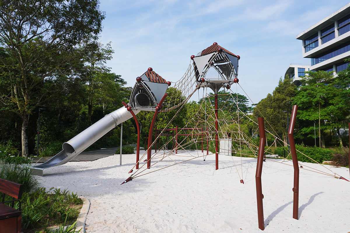 Jurong Eco-Garden playground featuring Berliner equipment with rope structures and a slide for safe active play.