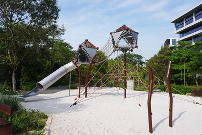 Jurong Eco-Garden playground featuring Berliner equipment with rope structures and a slide for safe active play.