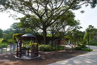 Jurong Eco-Garden playground features a sheltered merry-go-round with seats for safe, endless fun for children.