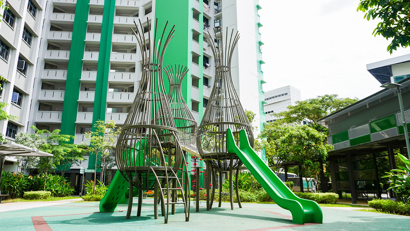 A playground with a bird nest structure design located at Keat Hong Verge with nature-inspired playground equipment.