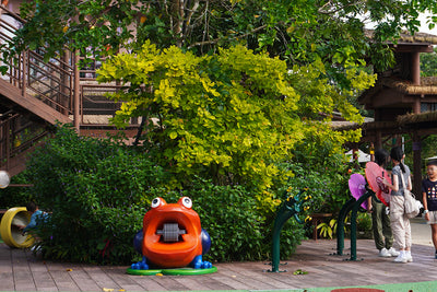 Mandai KidzWorld playground with frog-themed equipment, spinning mechanisms, and realistic croaking sounds for fun play.