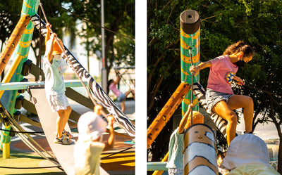 The children challenge themselves by navigating the PlayForm7, enjoying an active and adventurous experience.