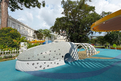A Whale of a Tale playground at the National Museum of Singapore features a blue whale-shaped customised playground.